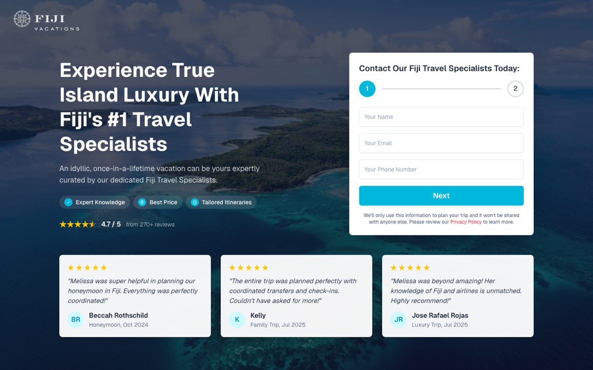 The Fiji Vacations landing page we built and ran the campaign against